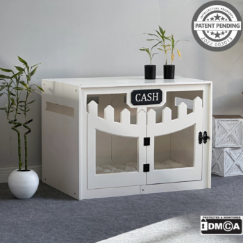 Hundehuette Welano Weiss aus Holz mit personalisiertem Namensschild und Kissen