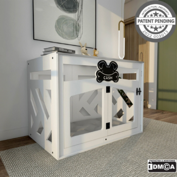 Hundehuette Pawloft B Weiss aus Holz mit personalisiertem Namensschild und Kisse