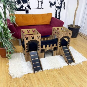 Modernes Handgefertigte Kaninchenhaus Katzenhaus mit Terrasse & Holzbrücke – 2-s