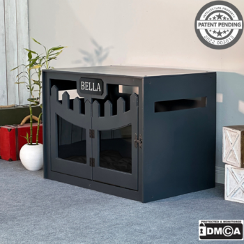 Hundehuette Welano Dunkelgrau aus Holz mit personalisiertem Namensschild und Kis