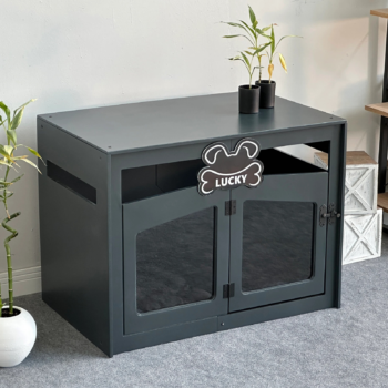 Hundehuette Pawloft Dunkelgrau aus Holz mit personalisiertem Namensschild und Ki