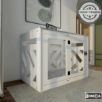 Hundehuette Belano B Weiss aus Holz mit personalisiertem Namensschild und Kissen