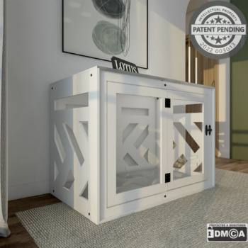 Hundehuette Belano B Weiss aus Holz mit personalisiertem Namensschild und Kissen