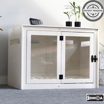 Hundehuette Belano Weiss aus Holz mit personalisiertem Namensschild und Kissen