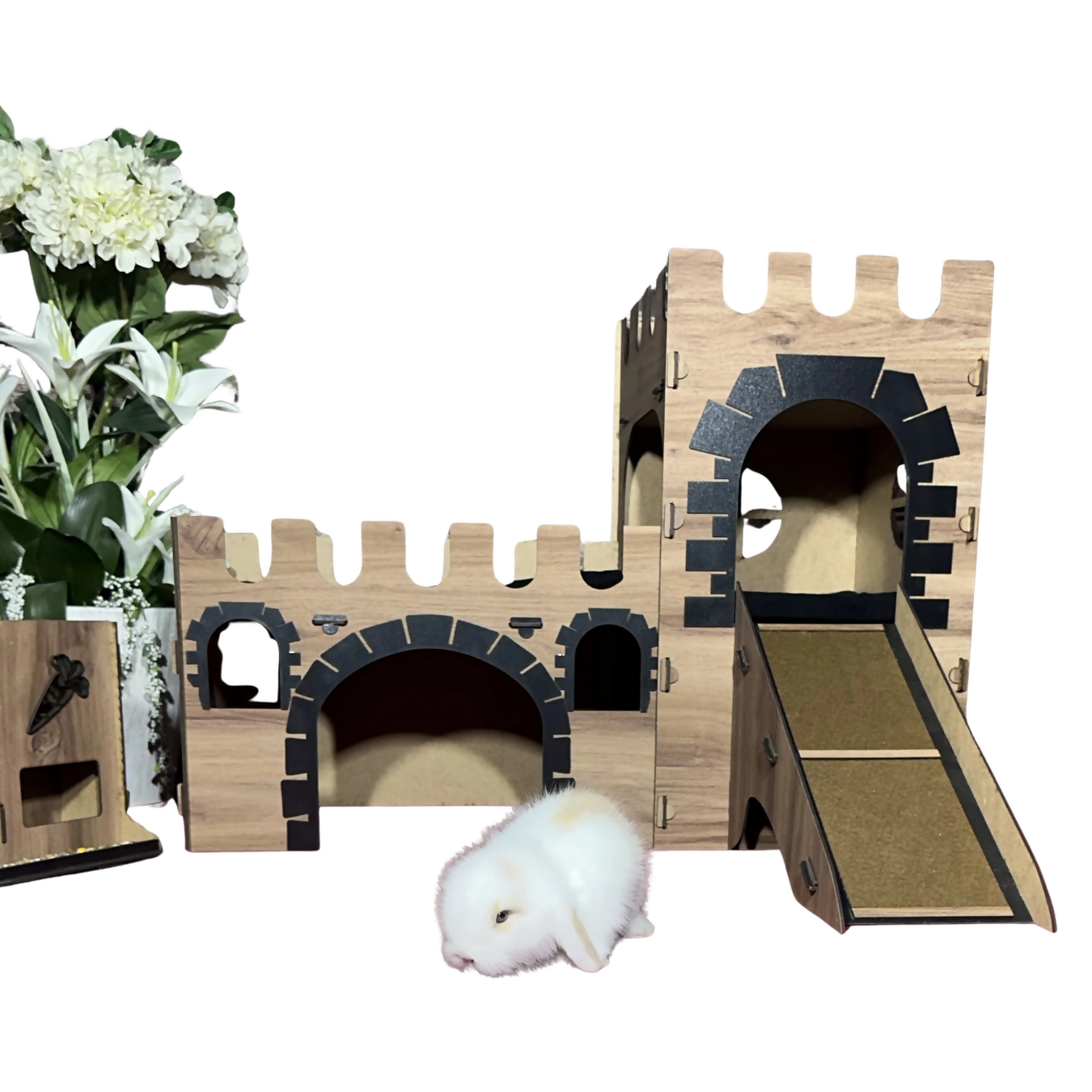 Eichenholz Hasenschloss Zweistöckiger Kaninchenpalast mit Turm und Terrasse Luxu