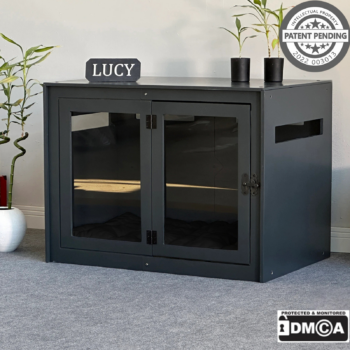 Hundehuette Belano Dunkelgrau aus Holz mit personalisiertem Namensschild und Kis