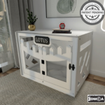 Hundehuette Welano B Weiss aus Holz mit personalisiertem Namensschild und Kissen