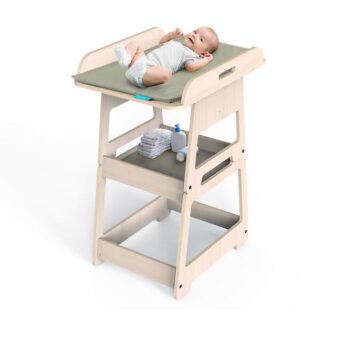 Mamatoyz - 19CFLAT - Wickelauflage für Neugeborene, wasserdichte Matratze inklusive, Wickelunterlage umwandelbar in Tisch und Kinderstuhl, Ablageflächen für Zubehör, Birkenholz