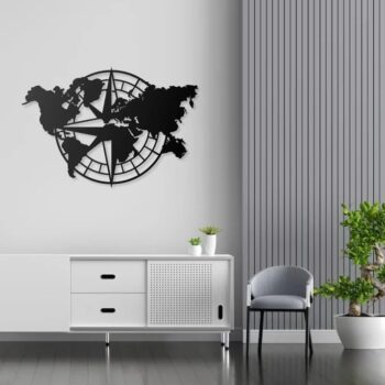 Metall Weltkarte Wandkunst mit Kompass Design – Moderne Metall Wanddekoration – Minimalistische Weltkarte für Zuhause & Büro – 50×76, 70×90 cm (70x90 cm)