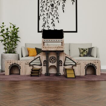 COLONY 3-Etagen Indoor Pet House aus Holz – Für kleine Hunde, Katzen & Kaninchen – Mit Terrasse, Rampen, Kissen & Holzbrücke – Modernes Haustierhaus