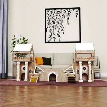 Kaninchenhaus aus Holz – 3 Etagen mit Terrasse & Brücke – Für bis zu 4 Kaninchen – Indoor Kleintierhaus – Mit Kissen – Einfacher Aufbau – Triplex Modell ROOFED CITY