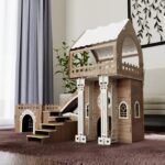 Dach‑Triplex Kaninchenhaus „Bunny Castle“ – Großes 3‑stöckiges Hasenschloss mit Terrasse & Holzbrücke – Für bis zu 4 Kaninchen (bis 10 kg), inkl. waschbaren Welsoft‑Kissen
