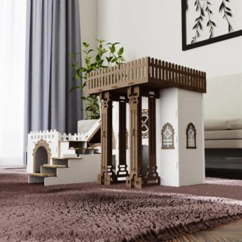 Triplex Kaninchenhaus mit Terrasse – 3-stöckiges Holzhaus mit Brücken & Rampen für bis zu 4 Kaninchen – Inkl. Kissen – Großes Spielhaus für Innenbereich