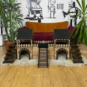 Kaninchenhaus mit Holzbrücke & Terrasse 2-stöckiges Großes Spielhaus für bis zu 4 Kaninchen – Handgefertigt aus Sperrholz