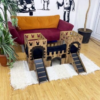 Modernes Kaninchenschloss mit Terrasse & Holzbrücke – 2-stöckiges großes Hasenhaus aus Sperrholz – Handgefertigte Kaninchenburg für bis zu 4 Kaninchen