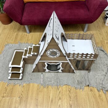 Luxuriöse Katzenhaus aus Holz – Handgefertigtes Bungalow Model für Innenbereich | Mehrstöckiges Schloss mit Plattformen & Treppe | Designer Schlafplatz für Katzen