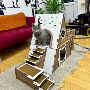 2-stöckiges Katzenhaus mit Terrasse - Katzenbungalow aus Holz für drinnen und draußen - Römersäulen-Katzenmöbel - wetterfest und komfortabel - für mehrere Katzen geeignet